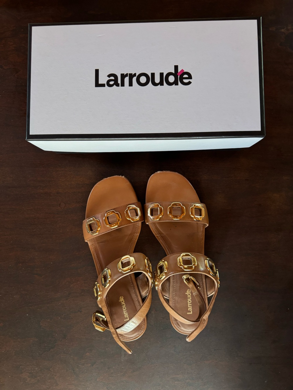 Larroude Milan Brown Leather Sandals with Gold Buckle Accents